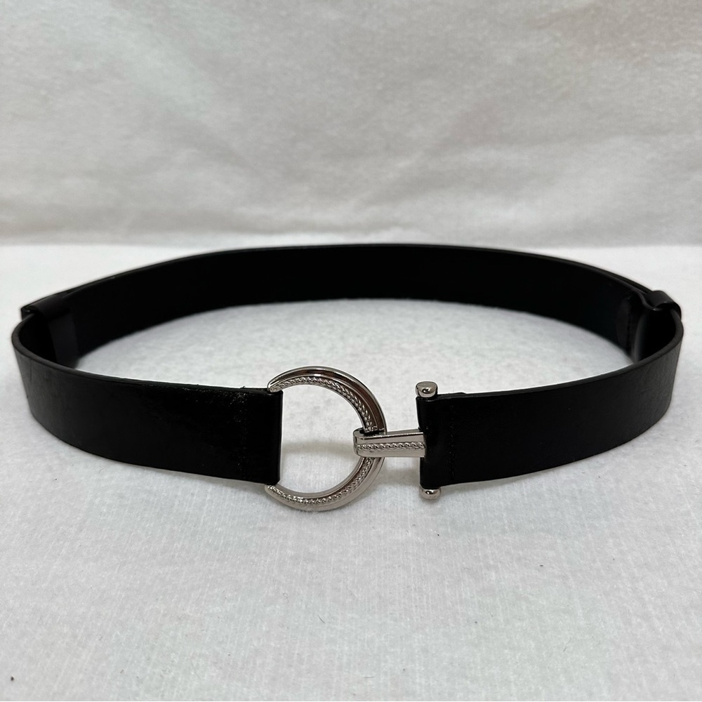 Chico's Adjustable Black Leather Belt with Silver Buckle